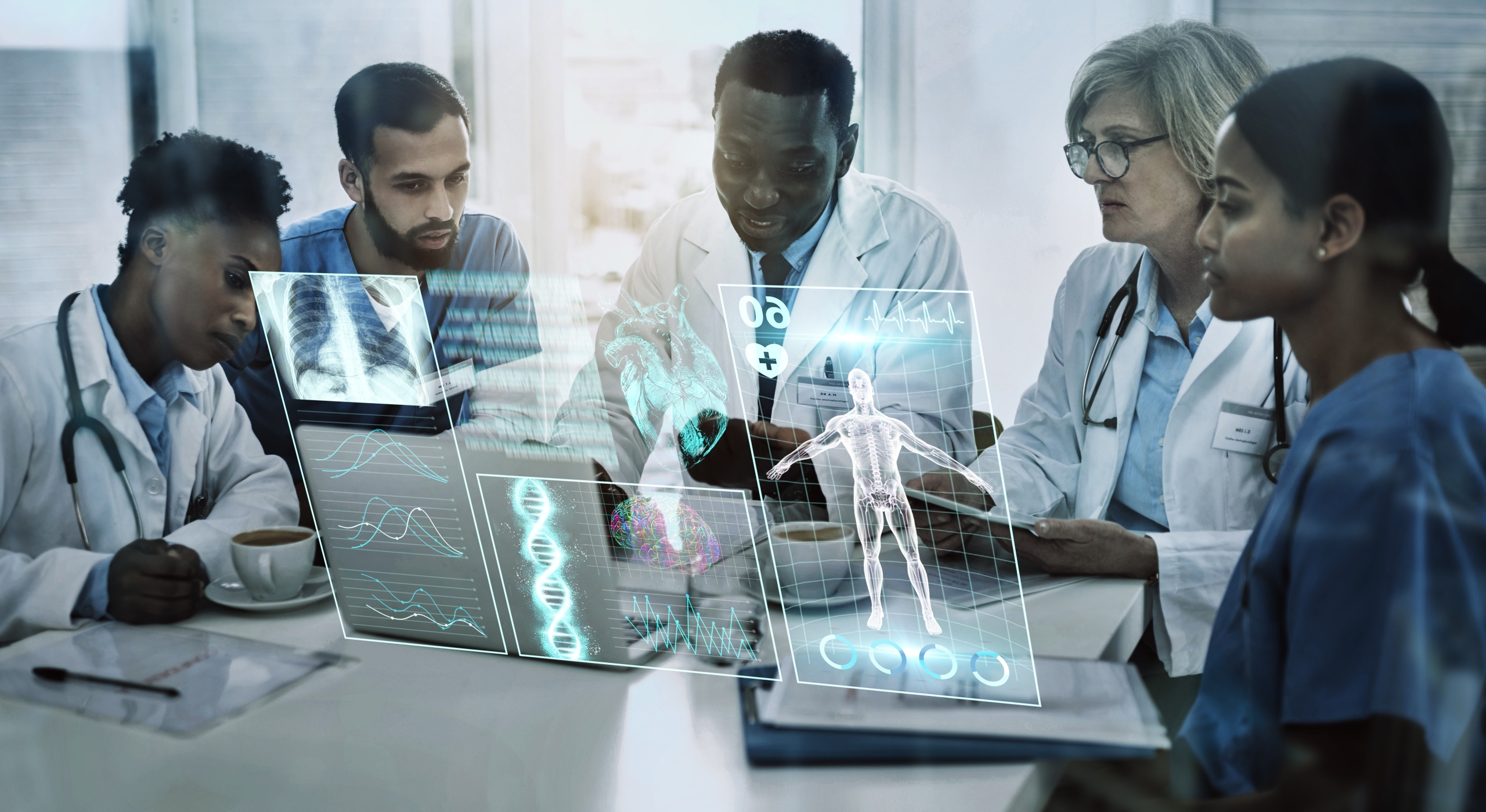 Healthcare instructor with students using AI equipment